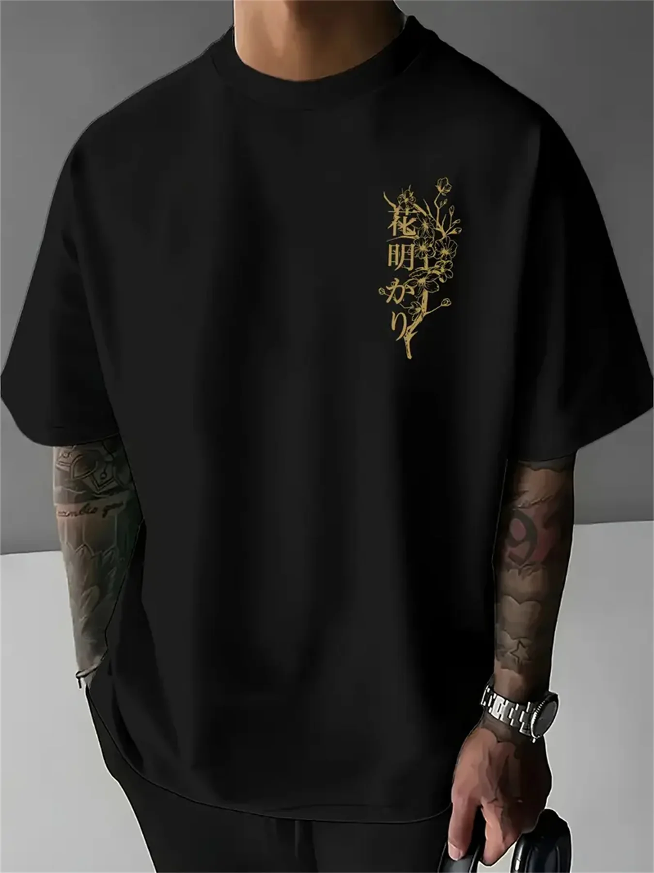 Men's 100% cotton fashionable casual comfortable loose cherry blossom Japanese printed sports round neck short sleeved T-shirt