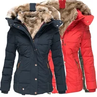 Winter Warm Wool Collar Cotton Coat Womens Zipper Long Sleeve Slim Fit Hooded Cotton Coat 1