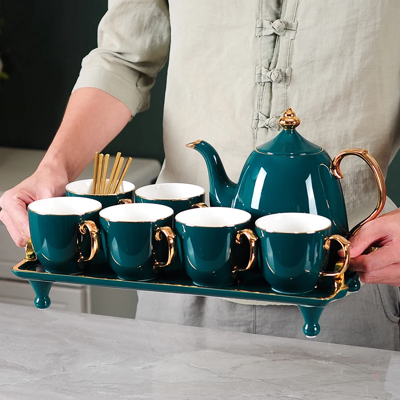 

High-end Living Room Teacup Kettle Cups Water Cup Set Ceramic Household with Tray European-style Tea Set Water Ware Set Luxury