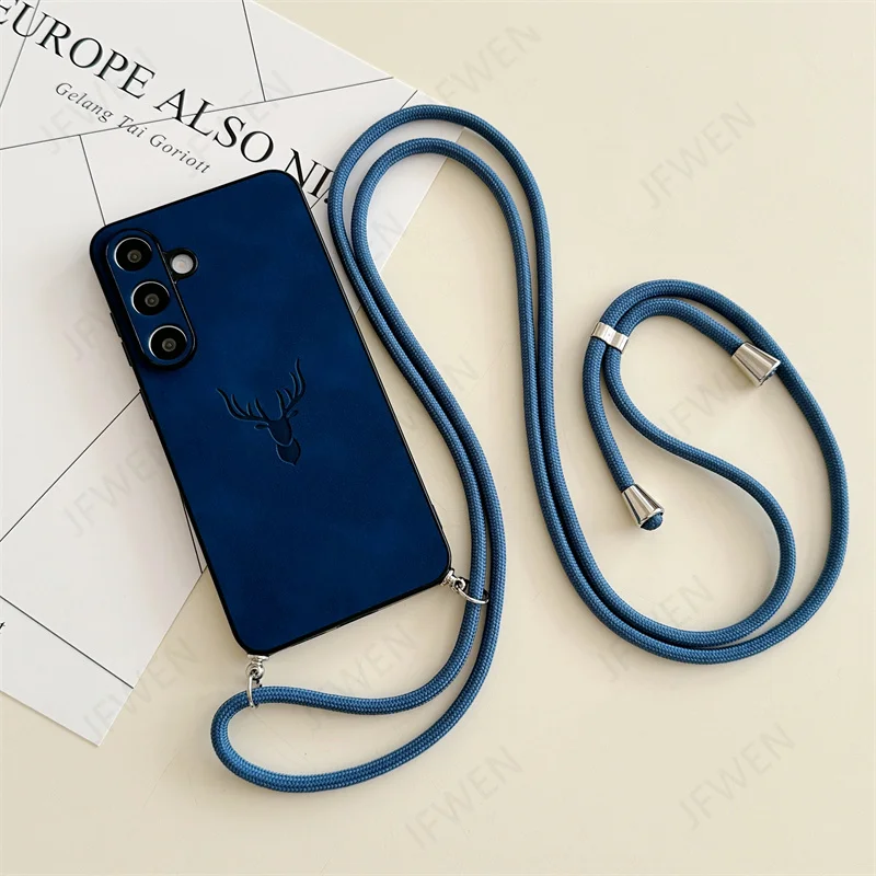 Luxe Deer Head Leather Crossbody Lanyard Phone Case with Hard PC Back Cover