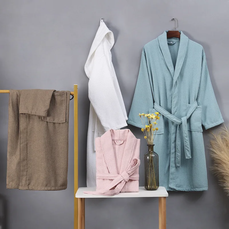 Solid Color Waffle Nightwear V Neck Sleep Lounge Robes Female Home Dressing Gown Kimono Robes Bathrobes Spa Sauna Garments