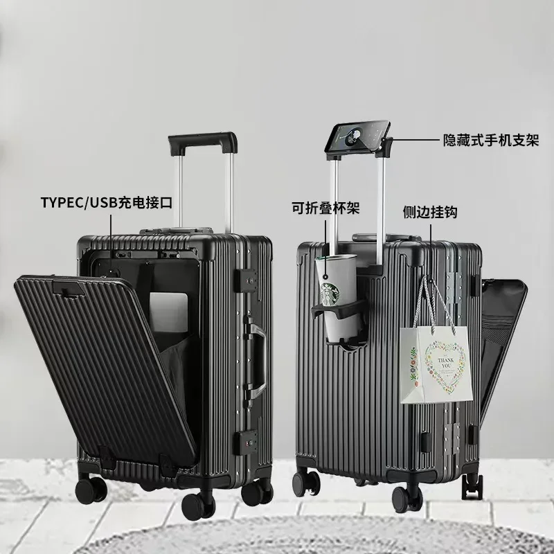 Luggage Multi-Function Travel Suitcase Aluminum Frame Pull Rod Case USB Charging Port with Folding Cup Holder Boarding Bag