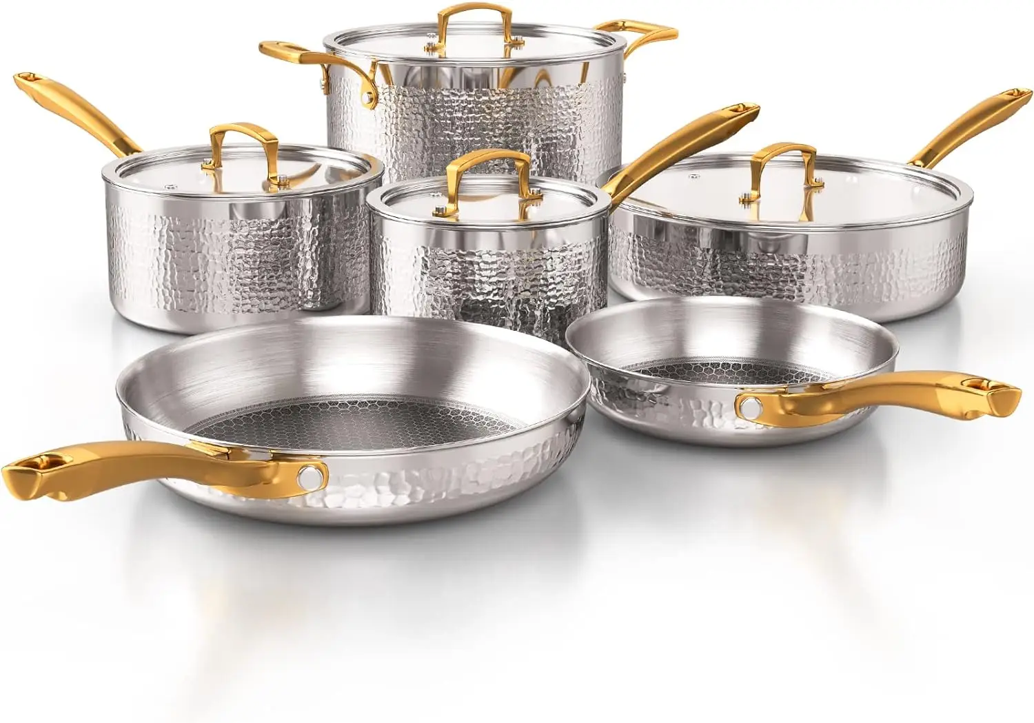 

Pots and Pans Set, Tri-Ply Stainless Steel Hammered Kitchen Cookware, Induction Compatible, Dishwasher and Oven Safe, Non-Toxic