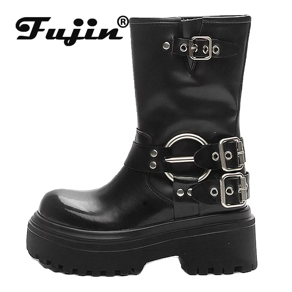 Fujin 9cm Genuine Leather Women Snow Boots Breathable Platform Plush Fur Booties Warm Shoes Women Winter Boots Motorcycle Punk