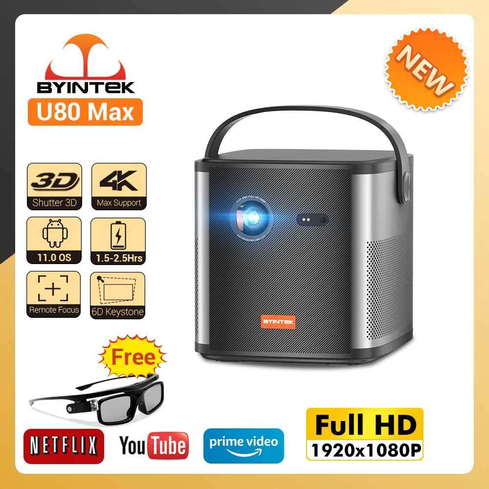 Byintek U80 Max Proiettore 3D 4K Cinema Android 11.0 Wifi Mini Proiettore Portatile 1080P Home Theater Video Dlp Con Batteria