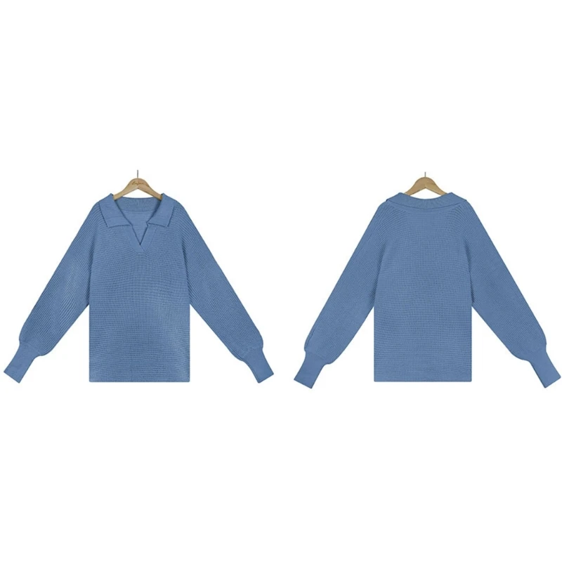 

Women Fall Winter Sweater Solid Color Lapel Collar V-Neck Puff Long Sleeve Oversized Loose Knitted Pullover Tunic Top