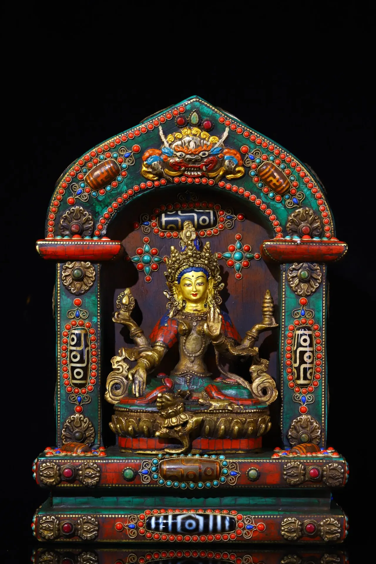 

12"Tibetan Temple Collection Old Bronze Gem Turquoise Dzi Beads Garuda Four-armed Tara Buddhist niche worship hall Town house