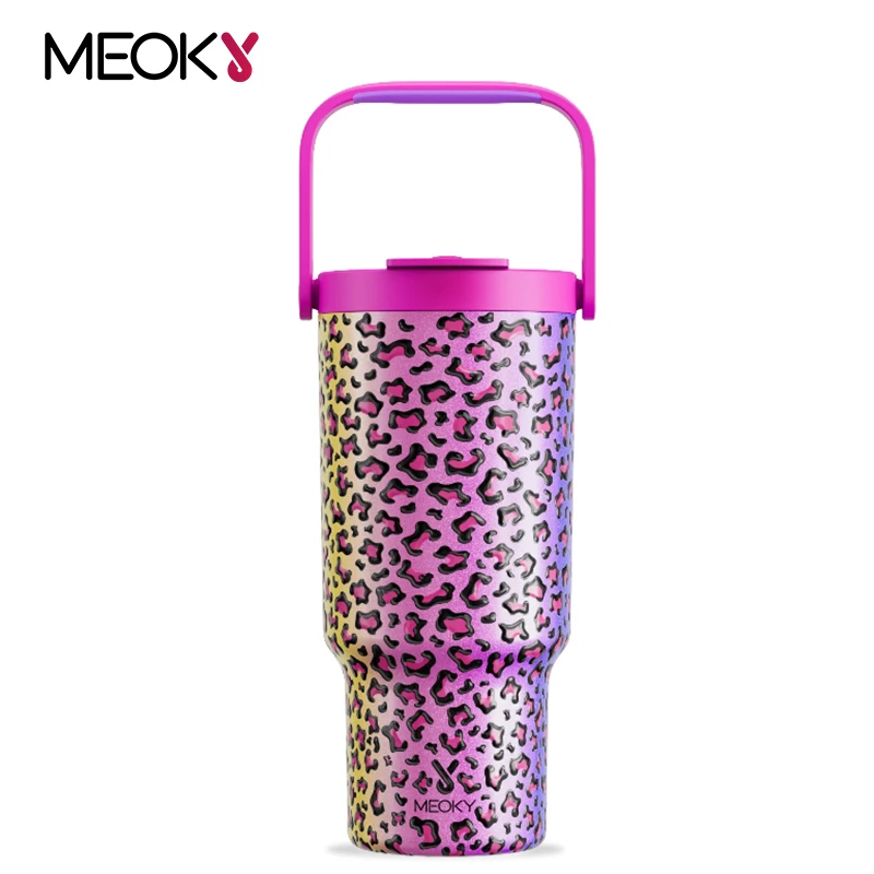 

32oz/946ml Meoky Cup Gradient Leopard Print Water Bottle with Lid Straw Stainless Steel Keep Iced and Hot Coffee Cup Car Mug