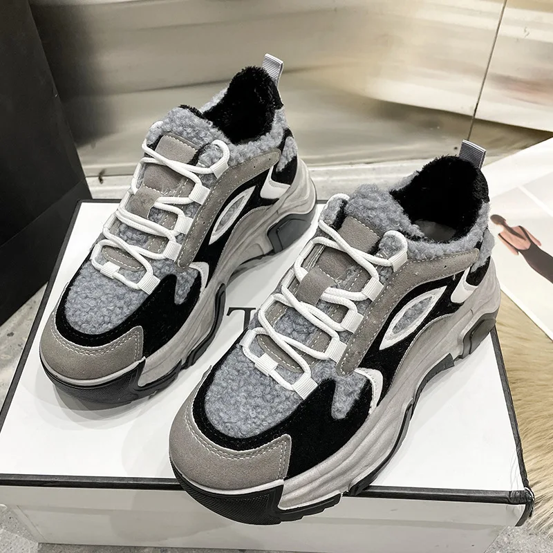 

Velvet Fur Winter Sneakers On Platform Women Femlae Winter Warm Padded Shoes Comofortable 2023 New Fur Dad Shoes
