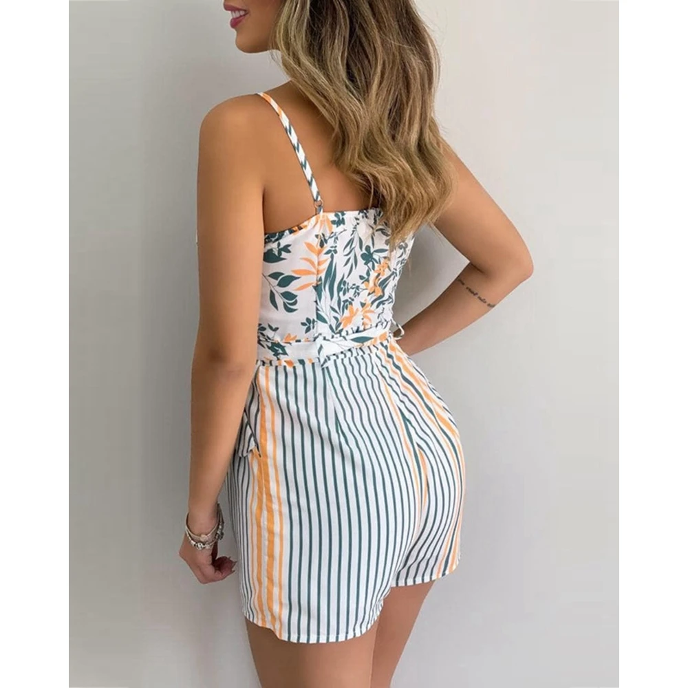 Summer Women Floral Print V-neck Romper Casual Spaghetti Strap Playsuits with Belt Casual Vacation Boho 2024 Women Beach Outfits