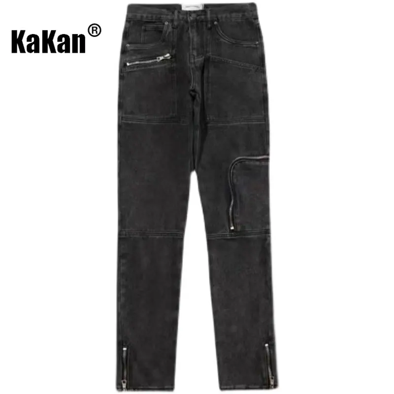 Kakan Hip Hop Multi Pocket Straight Leg Jeans, High Street Side Zipper Split Wash Black Pants Jeans K027-g50-90