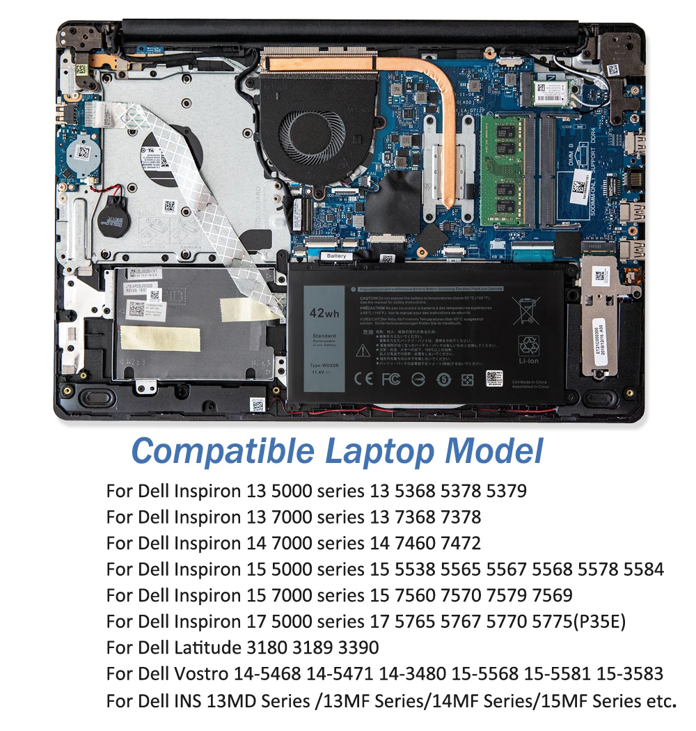 Etesbay Wdx0r Wdxor Bateria do Portátil para Dell Inspiron 13 5368 5378 7368 14 7460 7472 5468 15 5538 5567 5568 7560 7570 P66f 3189 - Imagem 4