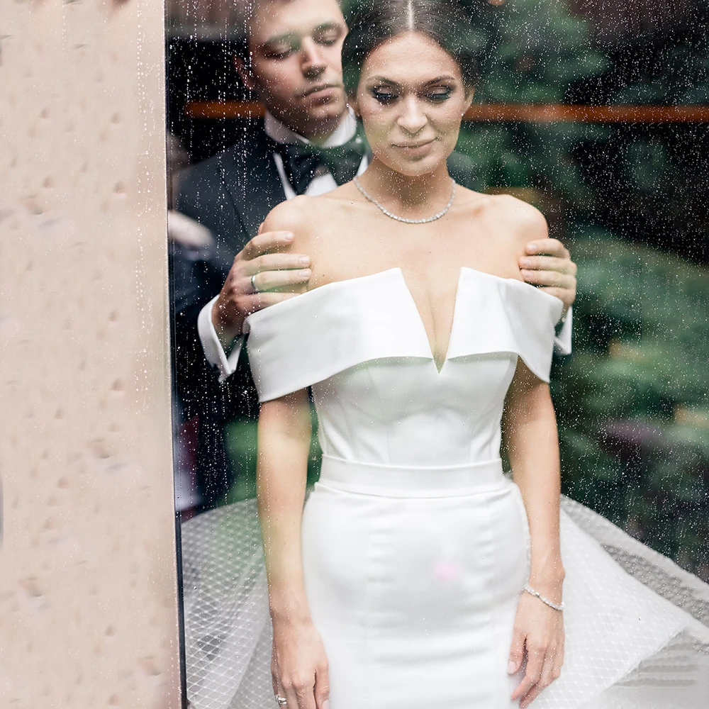 

Изящные свадебные платья с открытыми плечами Русалка съемный шлейф из тюля Плиссированные Свадебные платья для невесты с V-образным вырезом Vestido De Noiva