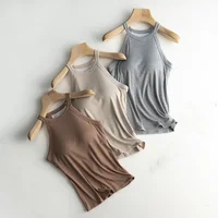 Basic Solid T shirts Women Slim Halter Neck Off-shoulder Camisole Tops Tees Summer Female Tanks Sleeveless With Chest Pad 1
