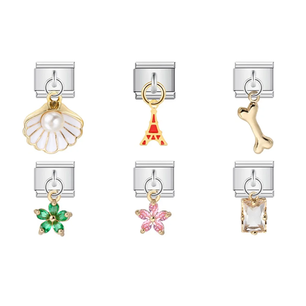 1PC Italienische Charme Link Fit 9mm Edelstahl Anhänger Schmuck Shell Blume Turm Herz Biene DIY Machen Armbänder zubehör