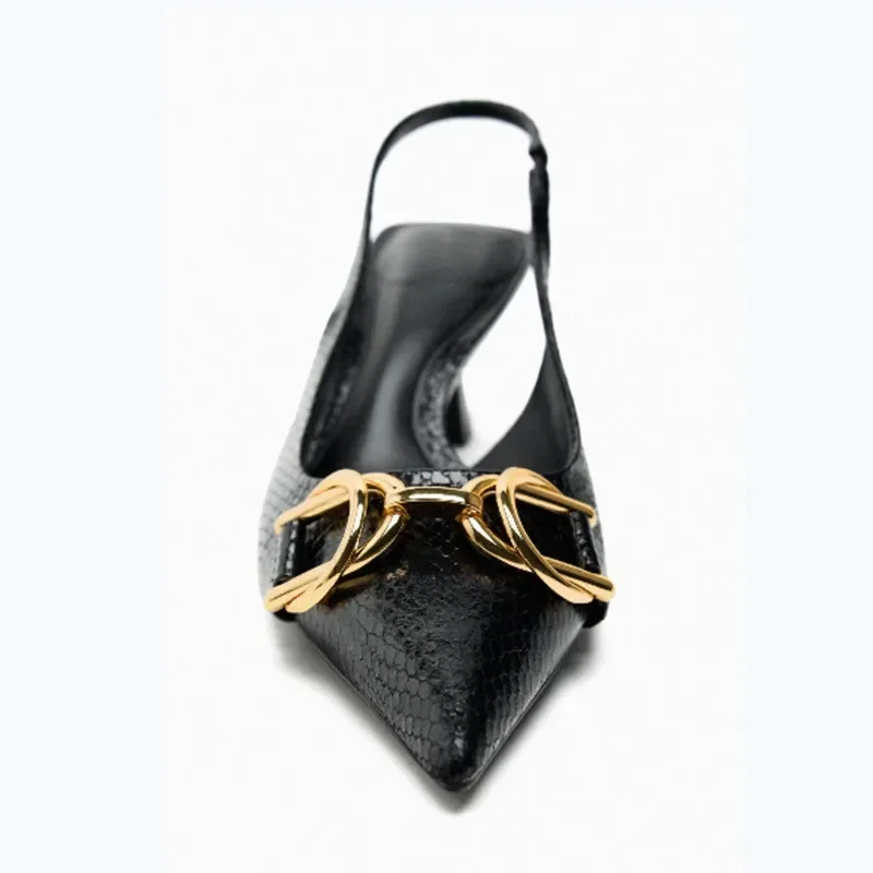 Summer Golden Decorative Women Shoes Woman Black Pointed High Heels Shallow Thin Heel Woman Pumps Slingback Sandals