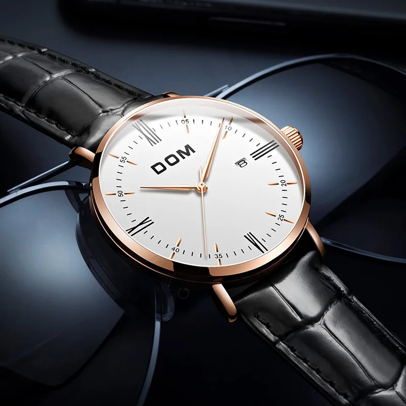 DOM Men's quartz watch Minimalism Steel band watch Waterproof Date Bussiness Watch Fashion Leather Strap Men's Watch M-1287