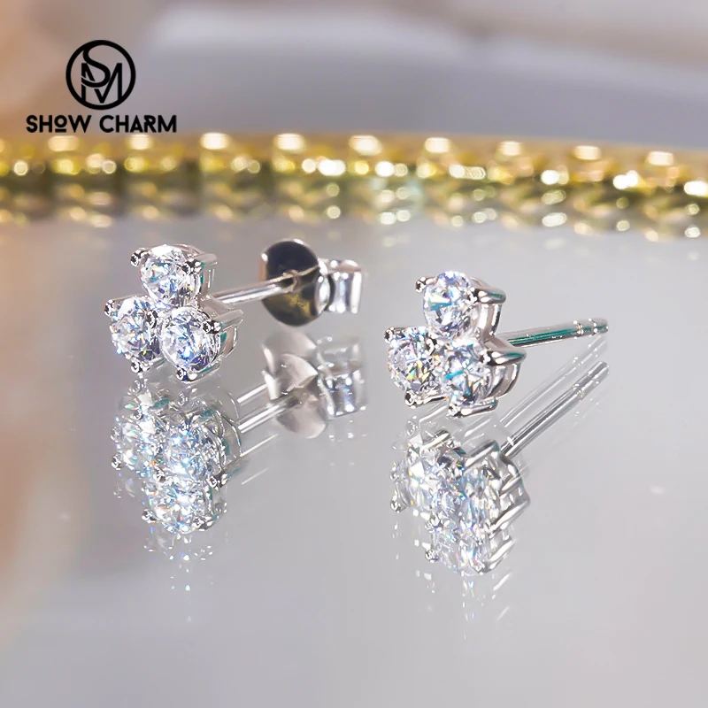 

Trendy Studs Earrings 3 Stones High Carbon Diamond 100% 925 Sterling Silver For Women Shiny Wedding Party Daily Fine Jewelry New