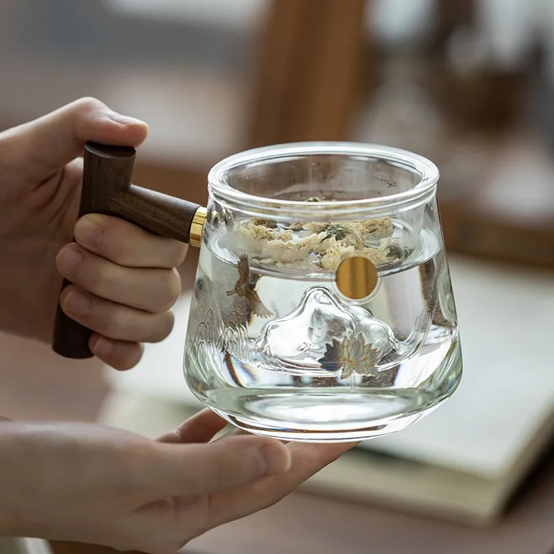Creative Glass Tea Infuser Cup With Transparent Filter Handle Bamboo Lid  Heat-resistant Flower Teacup Office Tea Mug Drinkware