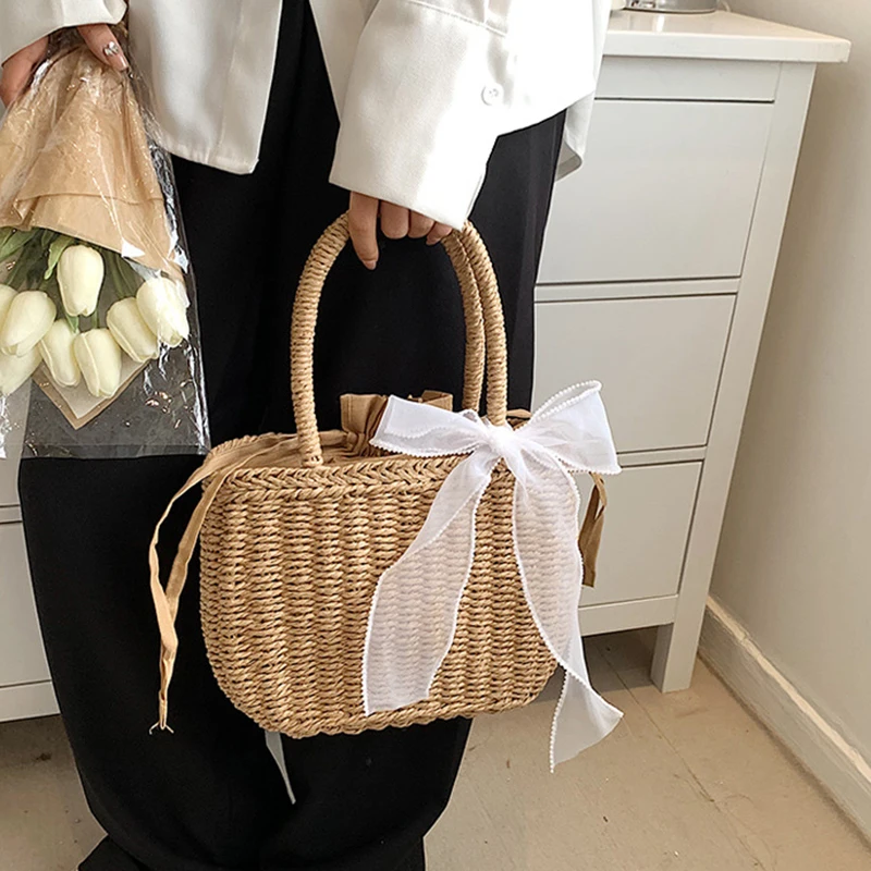 Einfaches Design Stroh Handtaschen für Frauen handgemachte böhmische Stil Strand tasche Sommer Mode Pack Eimer Tasche Geldbörse Taschen – Detail 11