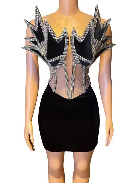 

Evening Birthday Celebrate Costume Sexy Silver Rhinestone Nude Transparent Mesh Black Velvet Dress Women Dancer Prom Outfit