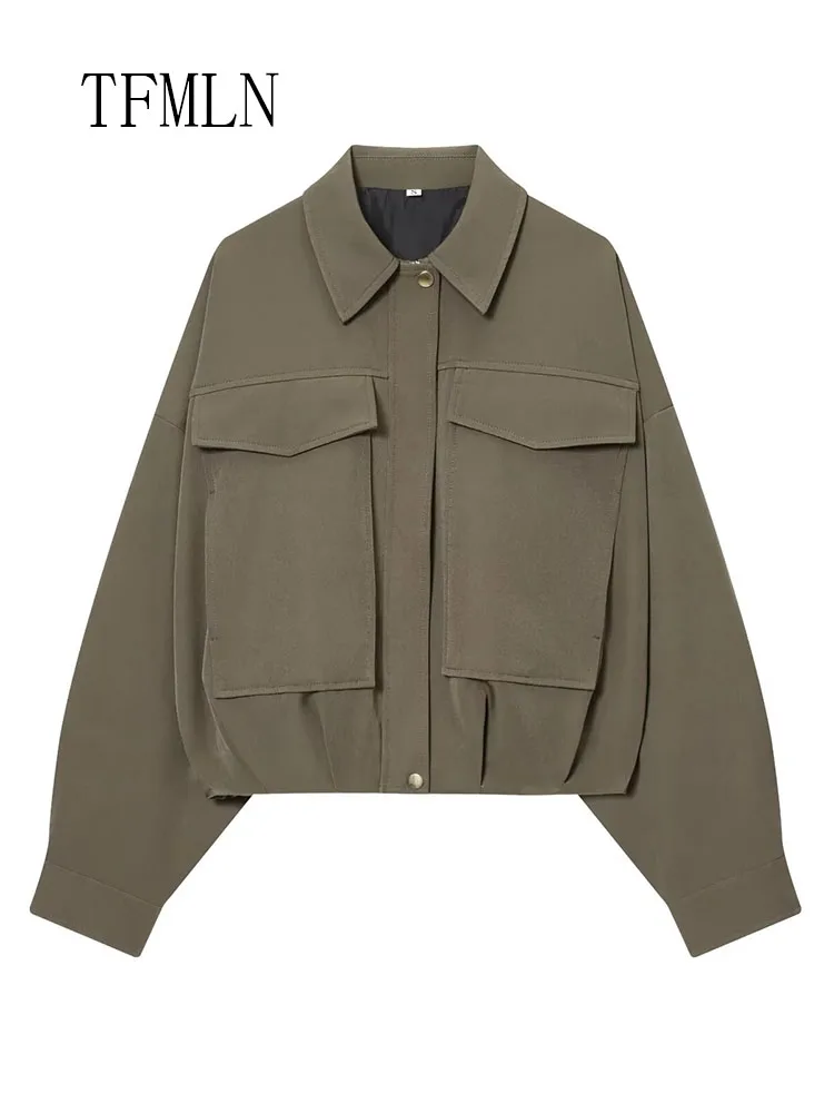 Oversize Women Bomber Jackets 2026 Spring Autumn Fashion Chic Lapel Loose Pleated Coats Vintage High Street Pockets Outwear