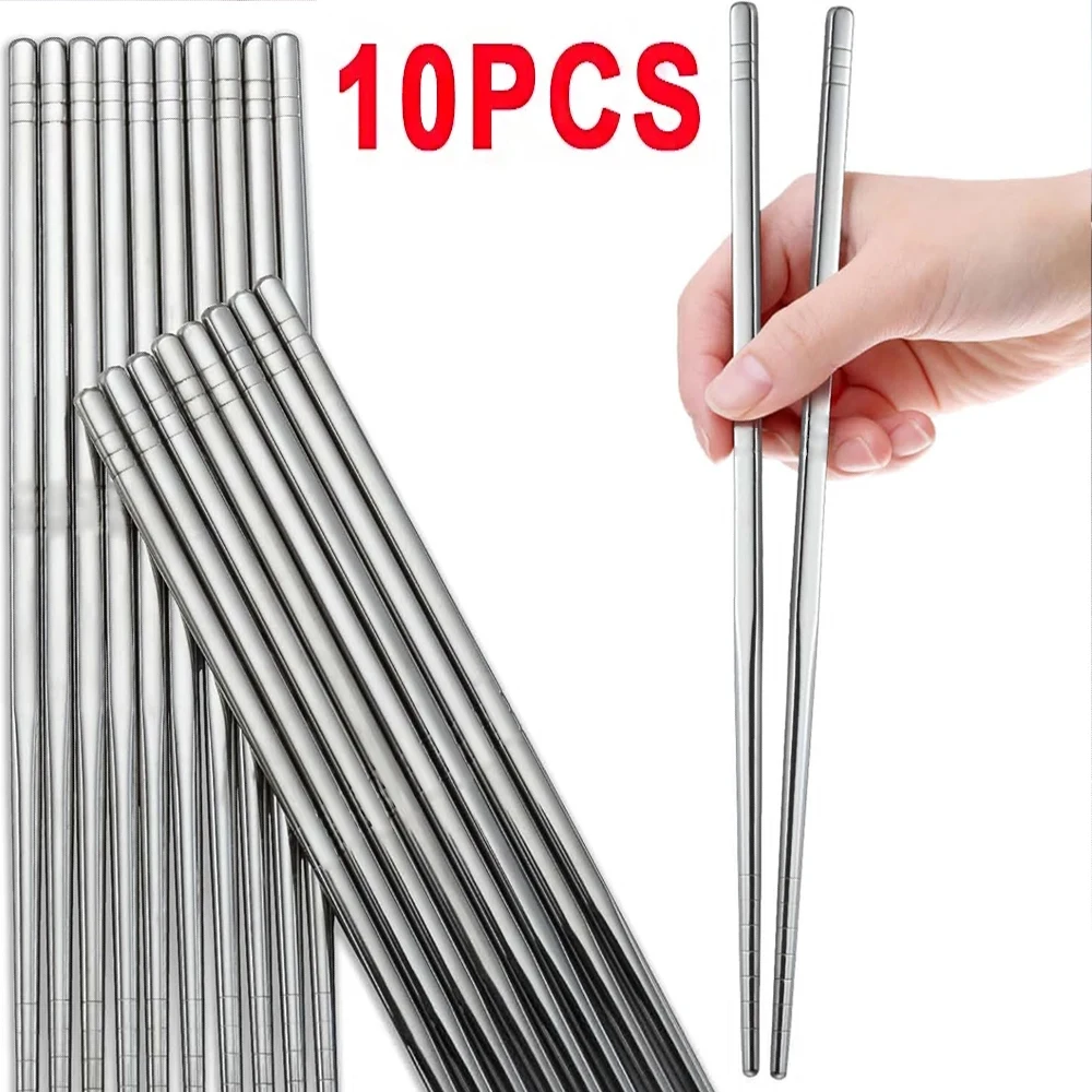 

10Pcs Stainless Steel Chopsticks Reusable Non-slip Chinese Chopsticks Sushi Food Sticks For Household Kitchen Tableware Sets