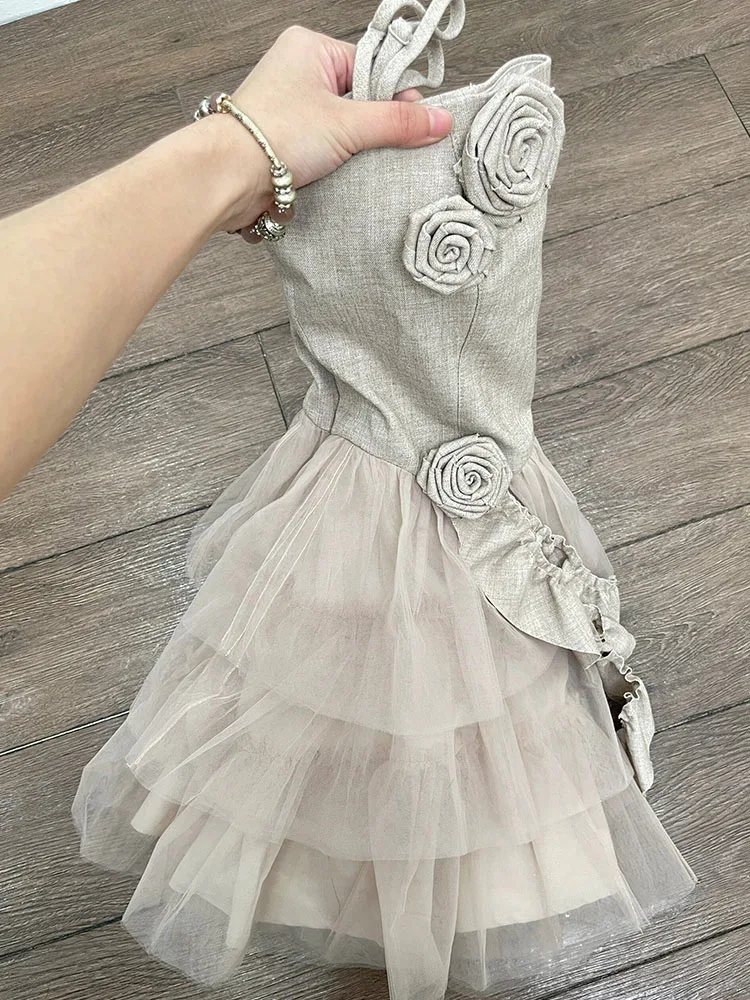 

Formal Occasion Spaghetti Strap Dress Sleeveless Fashion Chic 3D Flower Evening Dress Luxury Banquet Frocks Gauze Patchwork Cozy