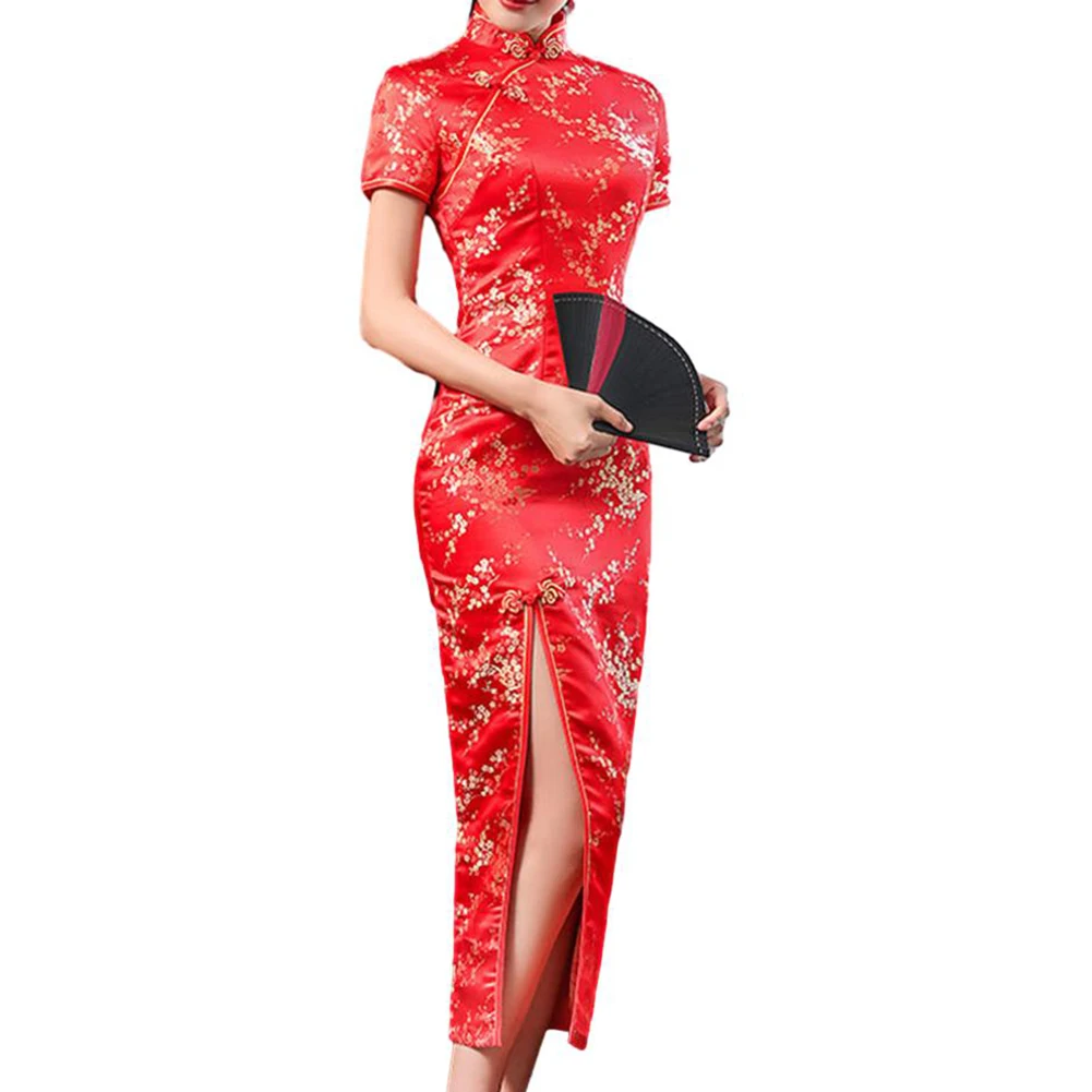 

Модные женские платья Qipao, атласное длинное платье-Ципао с вилкой, китайское классическое женское платье, свадебные вечерние платья