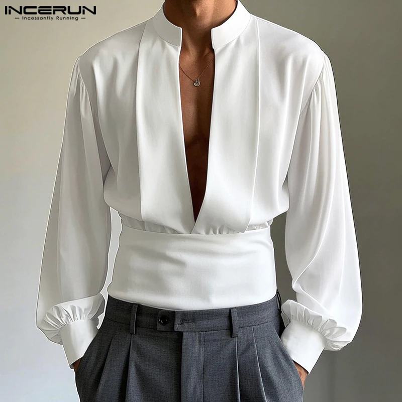 INCERUN 남성 셔츠 패션 솔리드 컬러 탑 V 넥 빈티지 남성 의류 파티 탑 streetwear 특대 여름 봄 블라우스