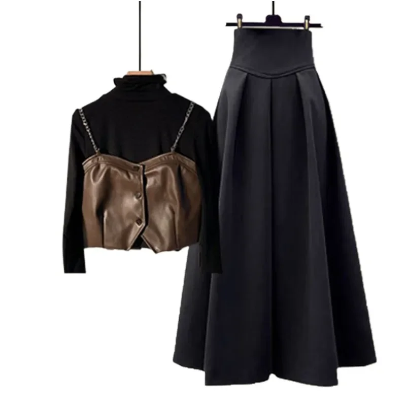 Spring and Autumn Season Set Women's New Korean Edition Pleated Half Skirt Black Top Tank Top Three Piece Set