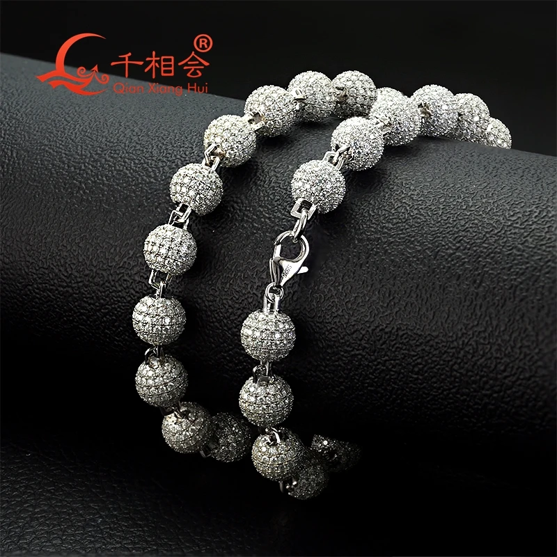 Bracetet 10mm buddha beads  Silver 925 Cuban Link Hip Hop D VVS ball shape Moissanite Link Chain Jewelry  Women Men Gifts