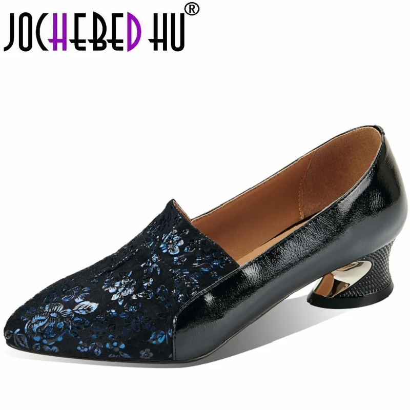 

【JOCHEBED HU】Real Genuine Leather Women Heels Shoes Commute Pointed Toe Fashion Leisure Thick High Heel Shoes