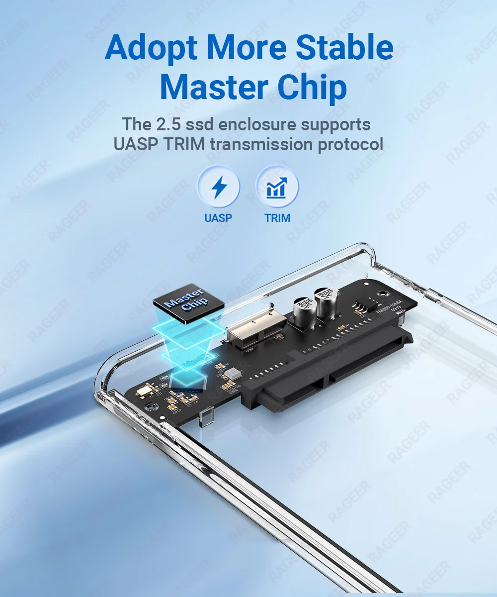 RAGEER 2.5 Externes Festplattengehäuse USB 3.0 zu SATA Transparentes Festplattengehäuse für 7mm/9.5mm SATA HDD/SSD Max 6TB UASP-Unterstützung – Detail 5