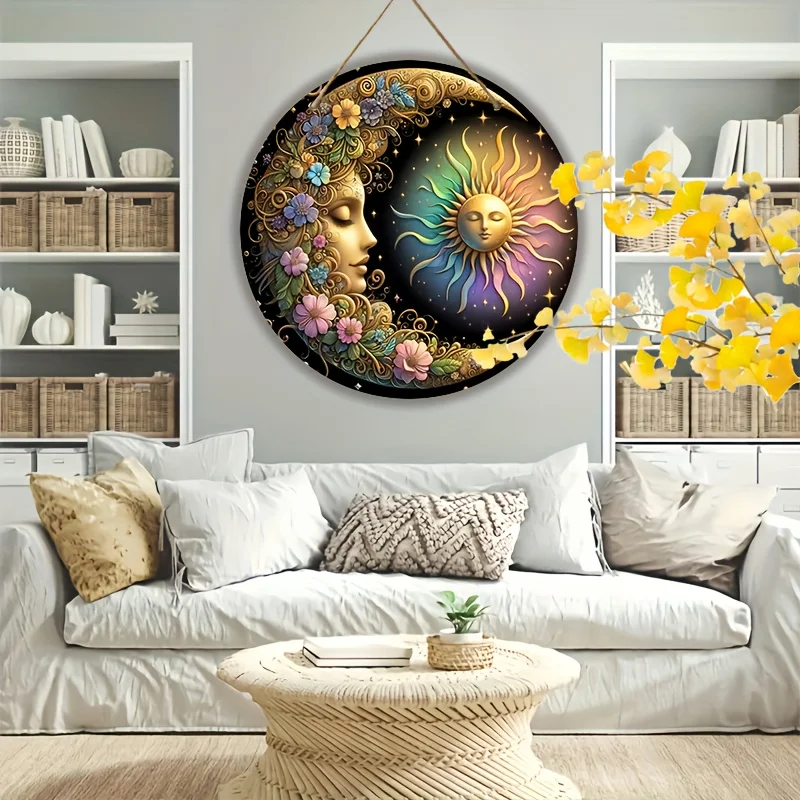 Mandala Art Sun & Moon Wooden Wall Plate - Classic Floral Design, 8x8 Inches
