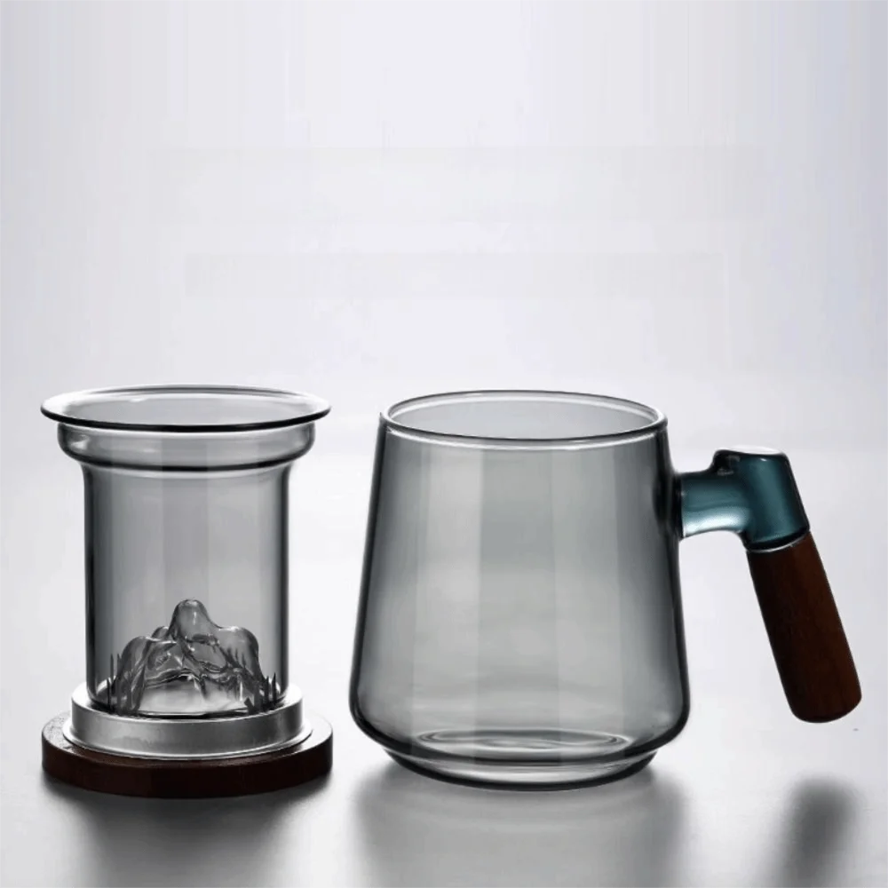 High Borosilicate Glass Glass Tea Cup with Tea Infuser with Lid Wood Handle Tea Separation Mug Handmade Heat Resistant Tea Maker