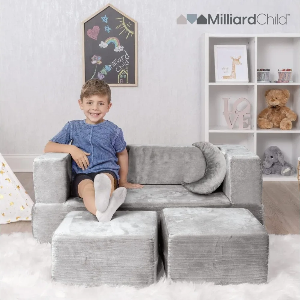 Couch - Modular Kids Sofa for Toddler and Baby Playroom/Bedroom Furniture (Grey) With Bonus Pillow Sofas Children