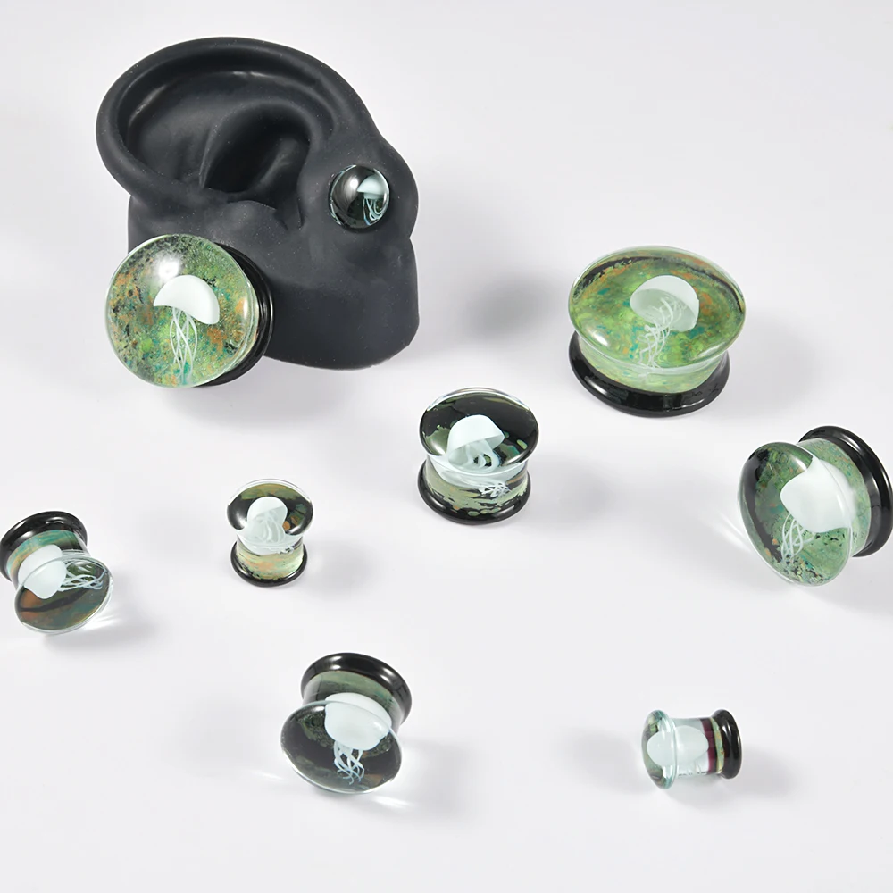 2Pcs Solid Glass Jellyfish Swirl Clear Oil Painting Vortex Ear Plugs