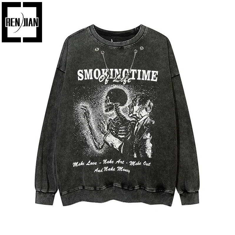 

Fashion Hi Street Vintage Hoodies Skull Printed Retro Pullover Sweatshirt Streetwear Harajuku Oversized Hip Hop Tops