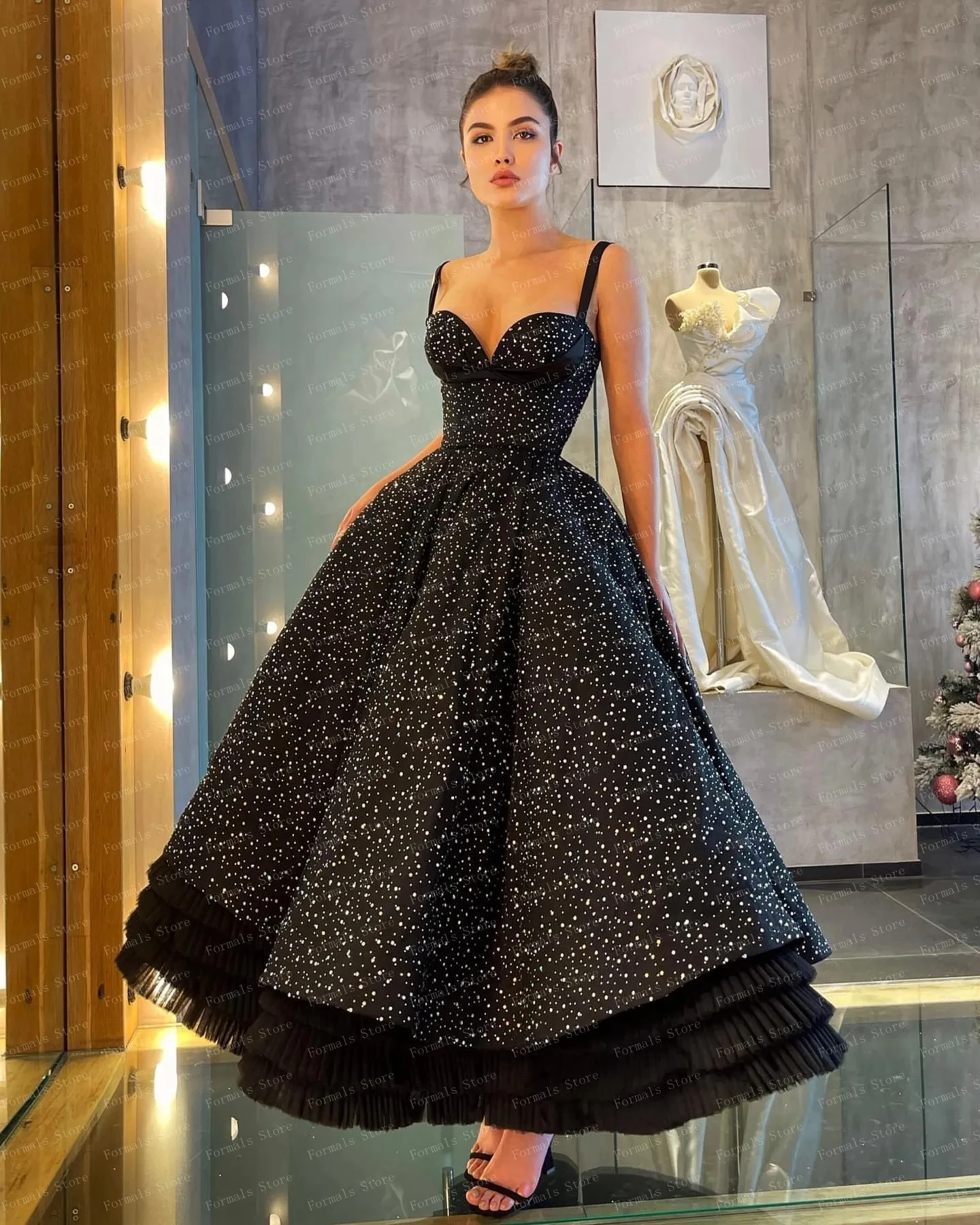 Flora Dress Elegant Black Tulle A-Line Sweetheart Ankle Length Evening Dresses Ruffles Spaghetti Strap Prom Gown For Women