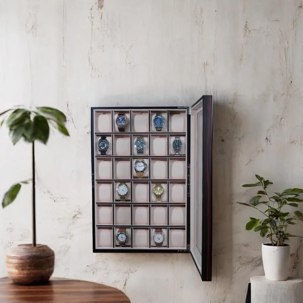 30 piece ebony wood watch display wall hanging case and storage organizer box and stand father's day gift