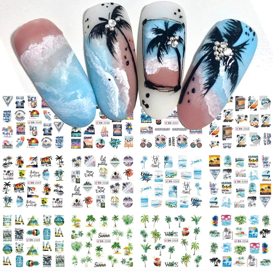 12pcs Summer Coconut Tree Nail Water Sliders Palm Leaves Tropical