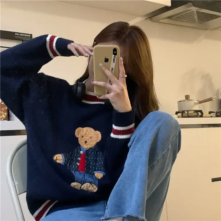 Cute Bear Hoodies Autumn Winter Warm Sweater Pullover Korean Style Harajuku Kawaii Loose Sweatshirt Japanese Street Outwear Tops