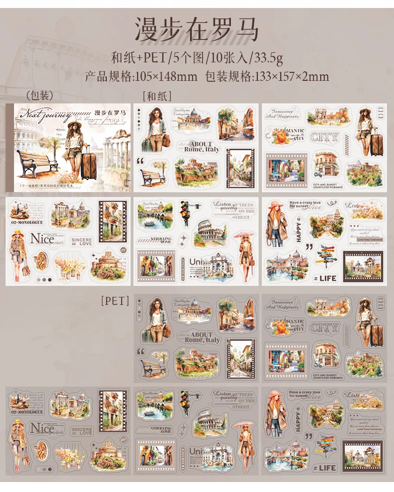 10 Blatt gestanzte PET-Aufkleber, Buch, Reisethema, dekoratives, handgefertigtes Scrapbooking-Material, Tagebuch, Album, Bastelbedarf – Detail 14