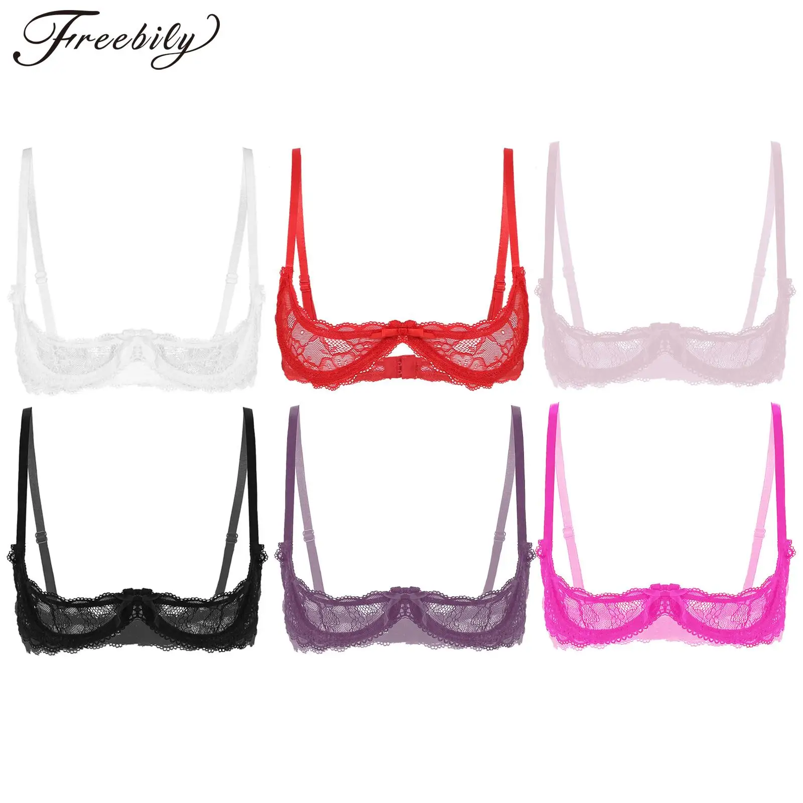 Freebily Women Lace Sheer Lingerie Sets Bikini 1/4 Cup Underwire