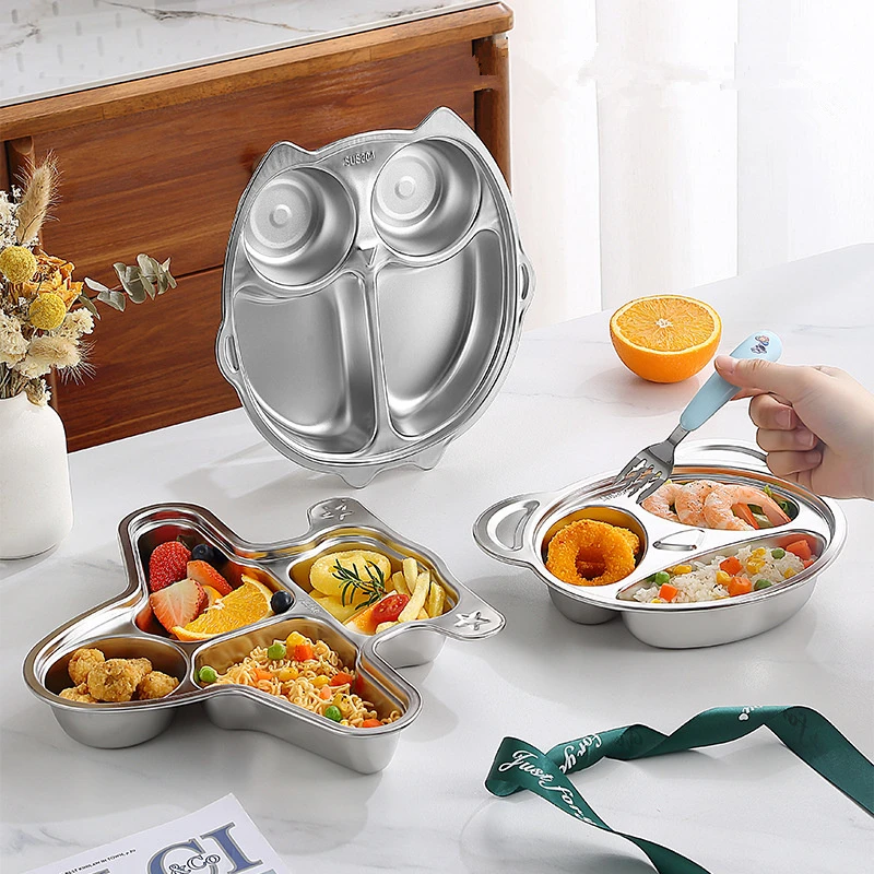 

304 Stainless Steel Cartoon Grid Dinner Plate Household Children's Anti-fall Divided Food Storage Tray Dishes Serving Container