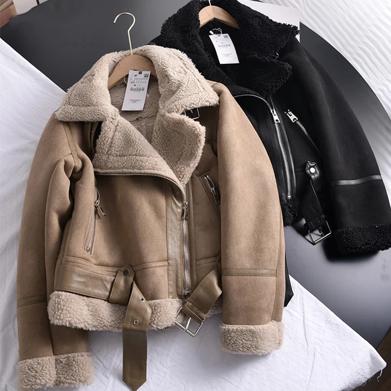 Winter Vintage Suede Lamb Short Jacket Women Thick Warm Moto Bike