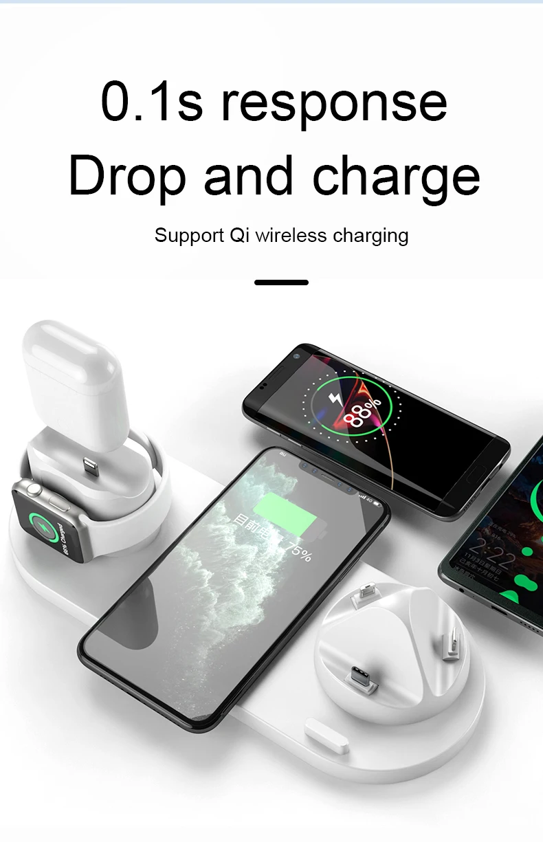 apple watch and phone charger New 6 in 1 Wireless Charger For Apple Watch 6 5 4 3 iPhone 12 11 X XS XR 8 Airpods Pro Samsung Xiaomi 10W Qi Fast Charging Stand samsung wireless charger trio