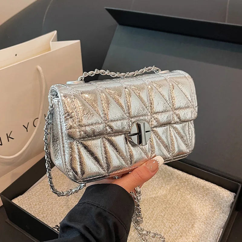 チェーン付きの女性用シルバーPUレザーハンドバッグ,ショルダー