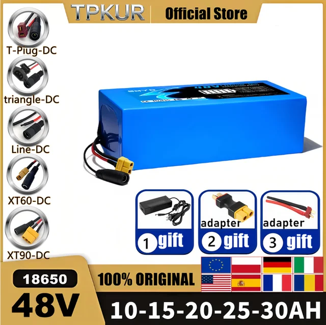 Batterie 48V neuve 10Ah 15Ah 20Ah 25Ah 30Ah 18650 pour vélo, trottinette et autres moteurs de 100-1500W 1